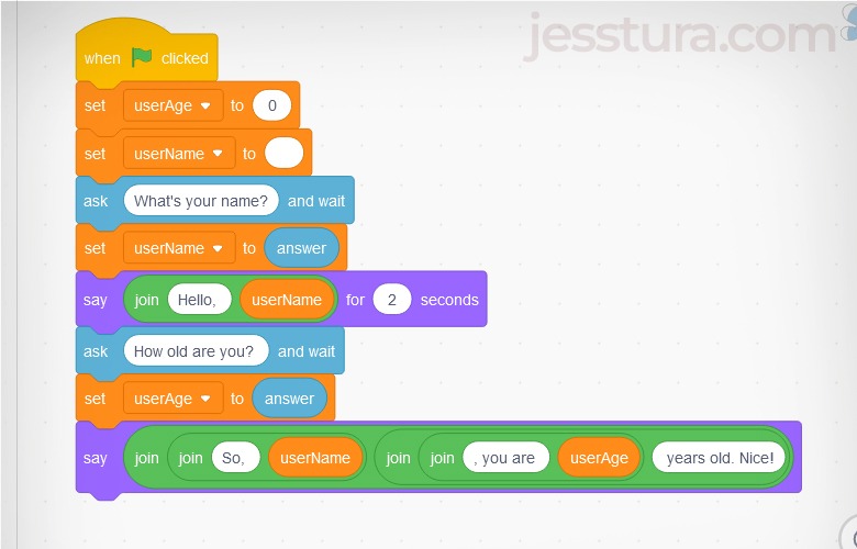 jesstura Scratch code blocks for a Scratch program that asks user's name and user's age.
